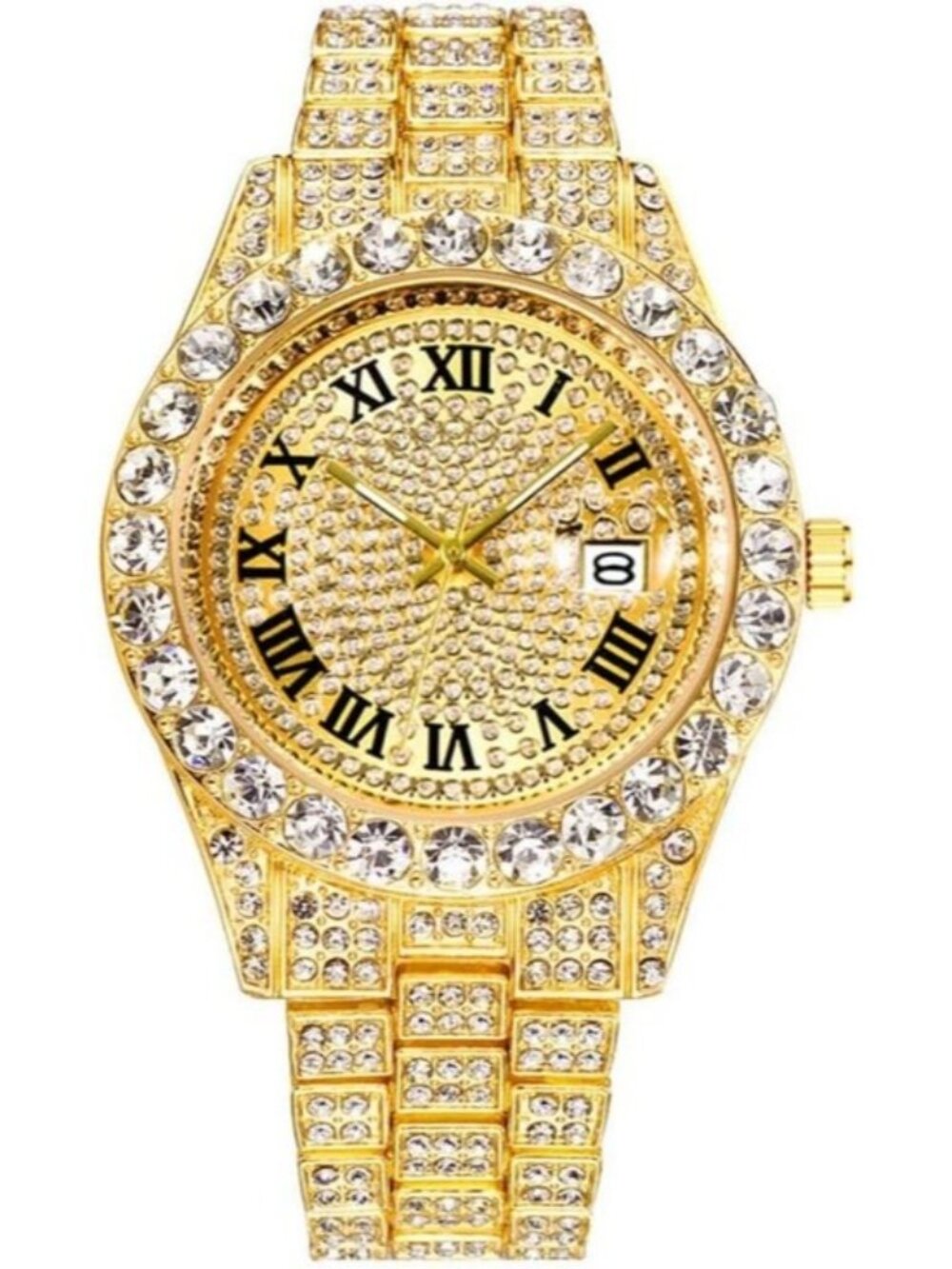 Men's Gold Iced Out Hip Hop Watch Luxury Quartz Skeleton Dial Date Window